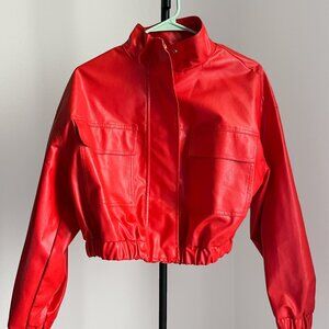 Firetruck Red Faux Leather Shein Biker Jacket, Size L